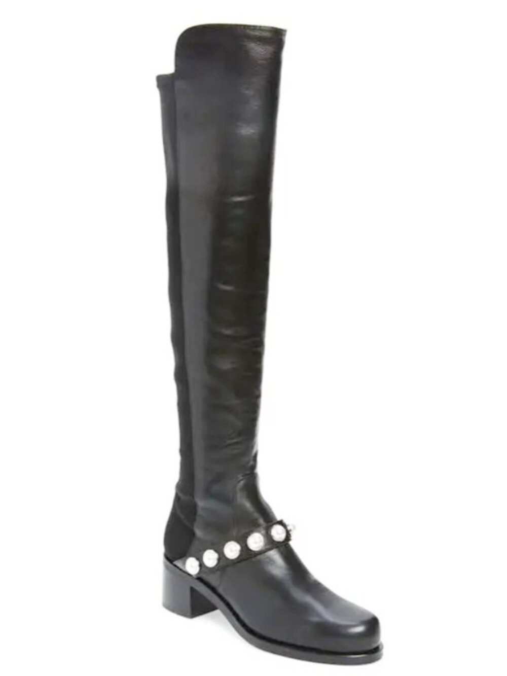 $950 STUART WEITZMAN 5050 PORTIA STUDDED PEARL BOOTS BLACK LEATHER 9 (PD4)